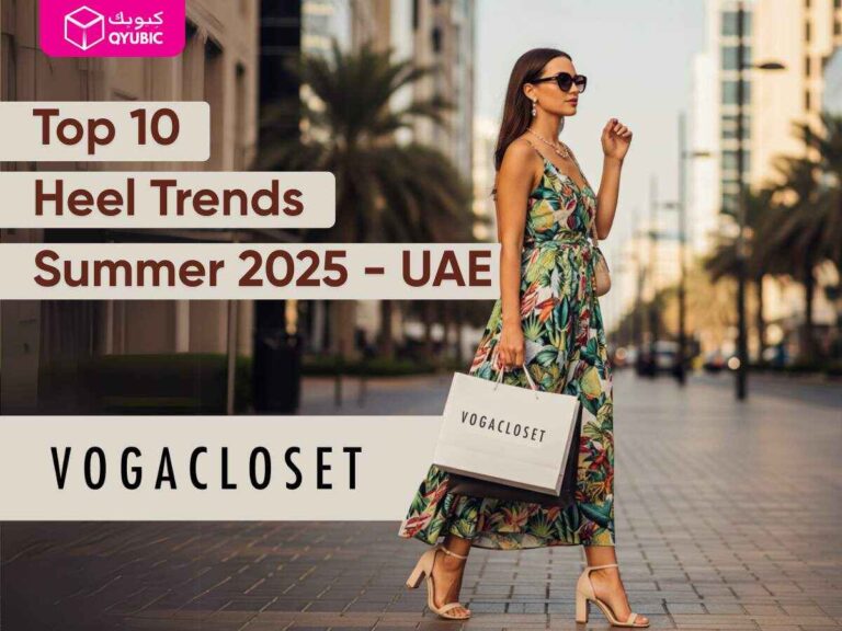 A stylish woman walking confidently on a city street in the UAE, wearing nude block‑heeled sandals. Overlaid text reads ‘Top 10 Heel Trends Summer 2025 – UAE’ and ‘VOGACLOSET.’ The image highlights trendy heels showcasing current heel trends.”