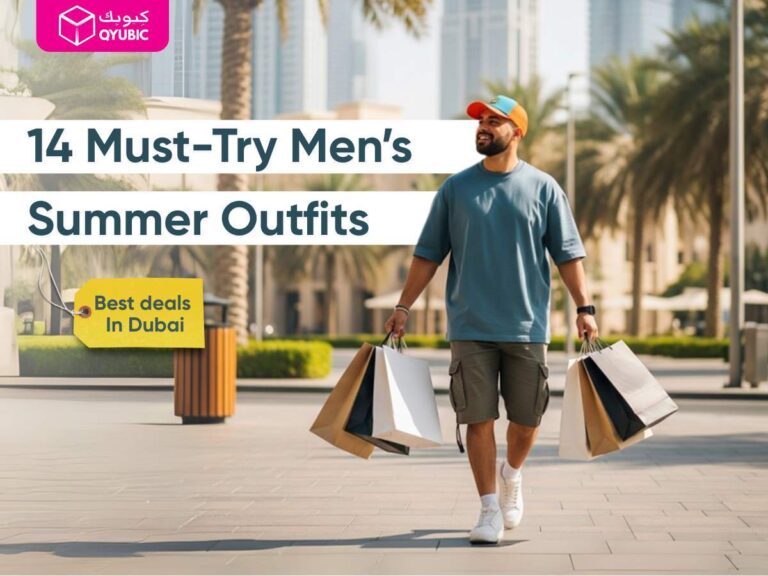 A vibrant image of a man happily walking on Dubai's streets with shopping bags, with an overlay text "14 Must-Try Men's Summer outfits "