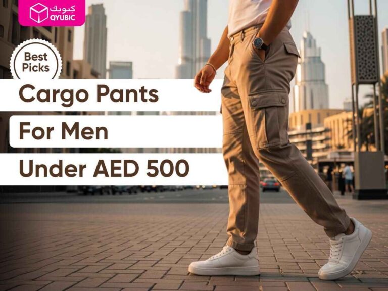 A featured image of cargo pants for men, featuring a slim-fit beige pair worn with clean white sneakers in a modern city setting.