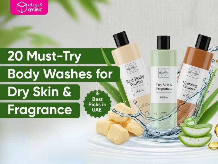 Three bottles of body wash – 'Best Body Washes,' 'Dry Skin & Fragrance,' and 'Hydrating Cleanser' – surrounded by aloe vera, shea butter, and water splashes, with text '20 Must-Try Body Washes for Dry Skin & Fragrance' and a 'Best Picks in UAE' badge. This image highlights the best body wash options for dry skin and scented body wash choices, focusing on moisturizing body wash and best smelling body wash that lasts in the UAE.