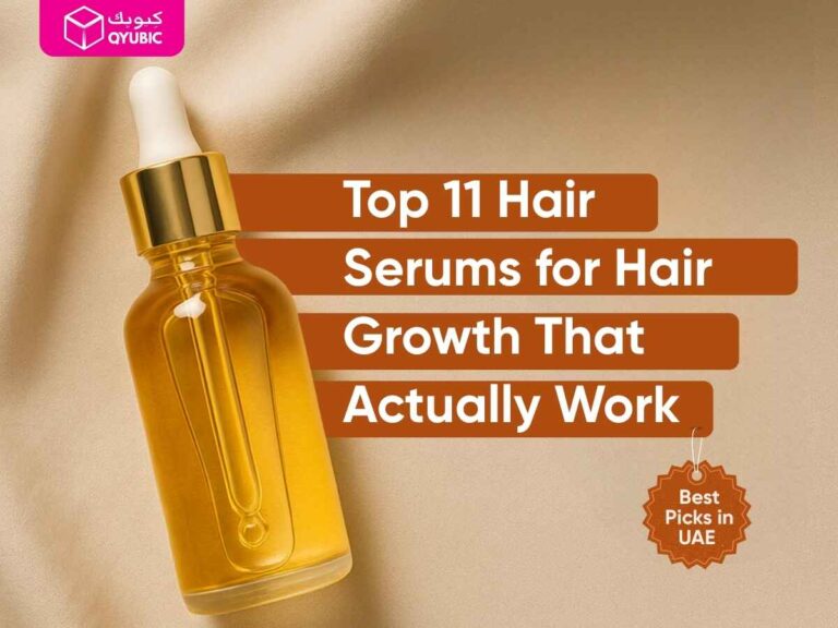 A bottle of golden hair serum with a dropper against a textured background, alongside the text 'Top 11 Hair Serums for Hair Growth That Actually Work' and a 'Best Picks in UAE' badge. This image showcases the best hair growth serum options available in the UAE that are effective for promoting hair growth.