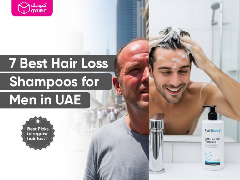 A split image showing a man with a receding hairline on the left, and a man smiling while lathering his hair with a bottle of 'HairRevive Anti-Hair Fall Shampoo' on the right. The text '7 Best Hair Loss Shampoos for Men in UAE' and a badge saying 'Best Picks to regrow hair fast!' are also visible. This image introduces a list of the best hair loss shampoo for men and the best shampoo for hair fall in the UAE.