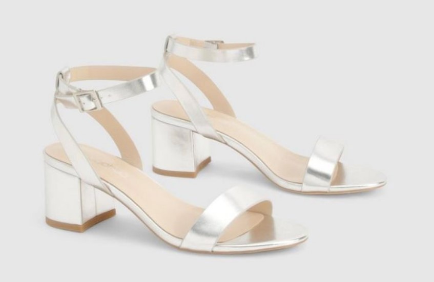 Silver block heels from Boohoo with slim straps and a low-profile silhouette, designed for everyday elegance and ease.