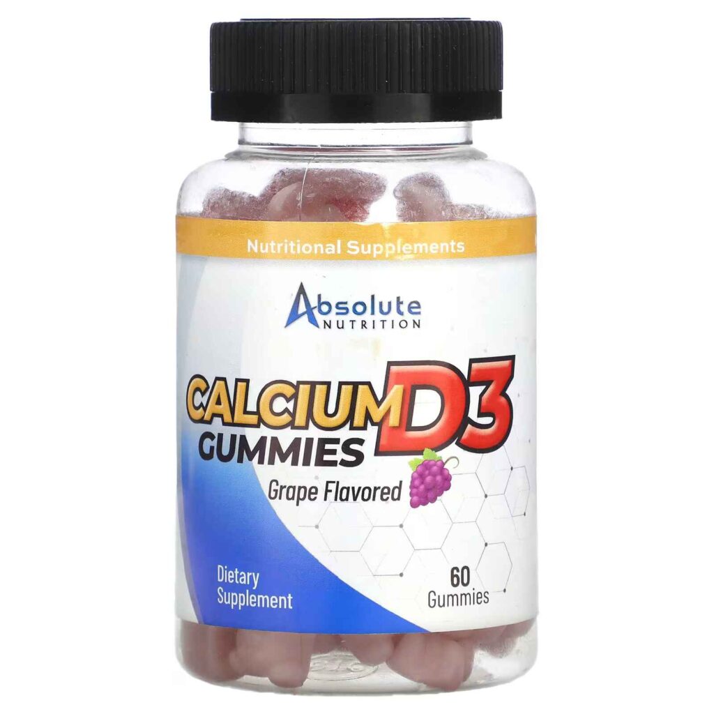 A bottle of Absolute Nutrition Calcium D3 Gummies, indicating a "Grape" flavor. The image suggests a supplement for athletes focused on bone strength and muscle function with calcium and Vitamin D3.
