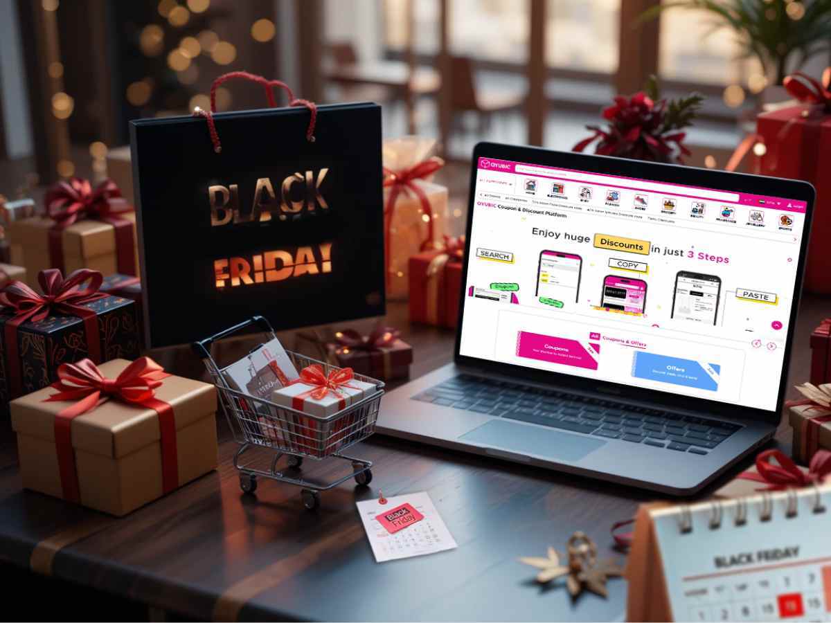 Shopping calendar with Black Friday deals, festive discounts, and gift boxes.