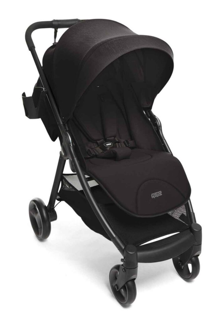 Armadillo Pushchair in Black by Mamas & Papas, ultra-lightweight compact stroller with lie-flat seat, UPF 50+ hood, five-point harness and built-in cup holder.