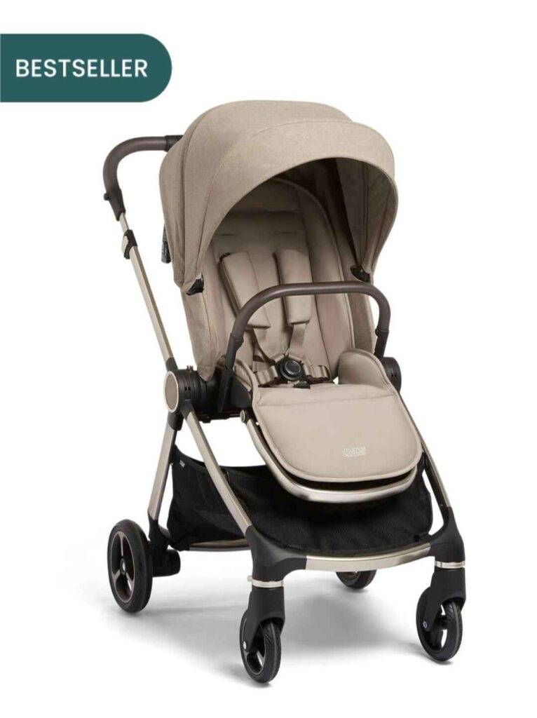 Mamas & Papas Strada Pushchair in Pebble grey, ultra-compact one-hand fold stroller with reflective wheel rims and large storage basket for city use in UAE