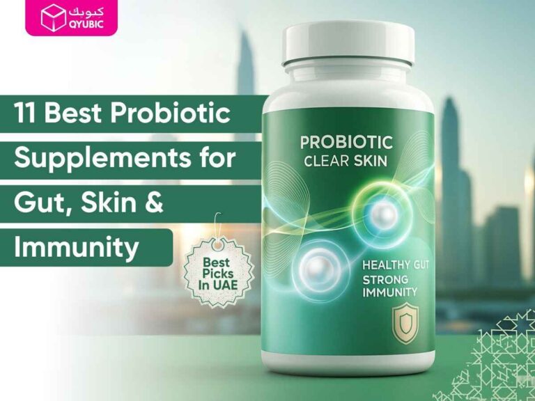 Front view of a probiotic supplement bottle labeled 'Probiotic Clear Skin' with 'Healthy Gut Strong Immunity' on it, alongside text '11 Best Probiotic Supplements for Gut, Skin & Immunity' and a 'Best Picks in UAE' badge. This image highlights the best probiotic supplements for gut health, skin benefits, and immunity in the UAE, showcasing the comprehensive health benefits of probiotic supplements.