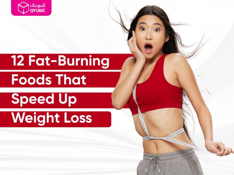 A surprised young woman in athletic wear measures her waist with a tape measure, highlighting weight loss. Text on the image reads “12 Fat-Burning Foods That Speed Up Weight Loss” with the Qyubic logo in the corner.