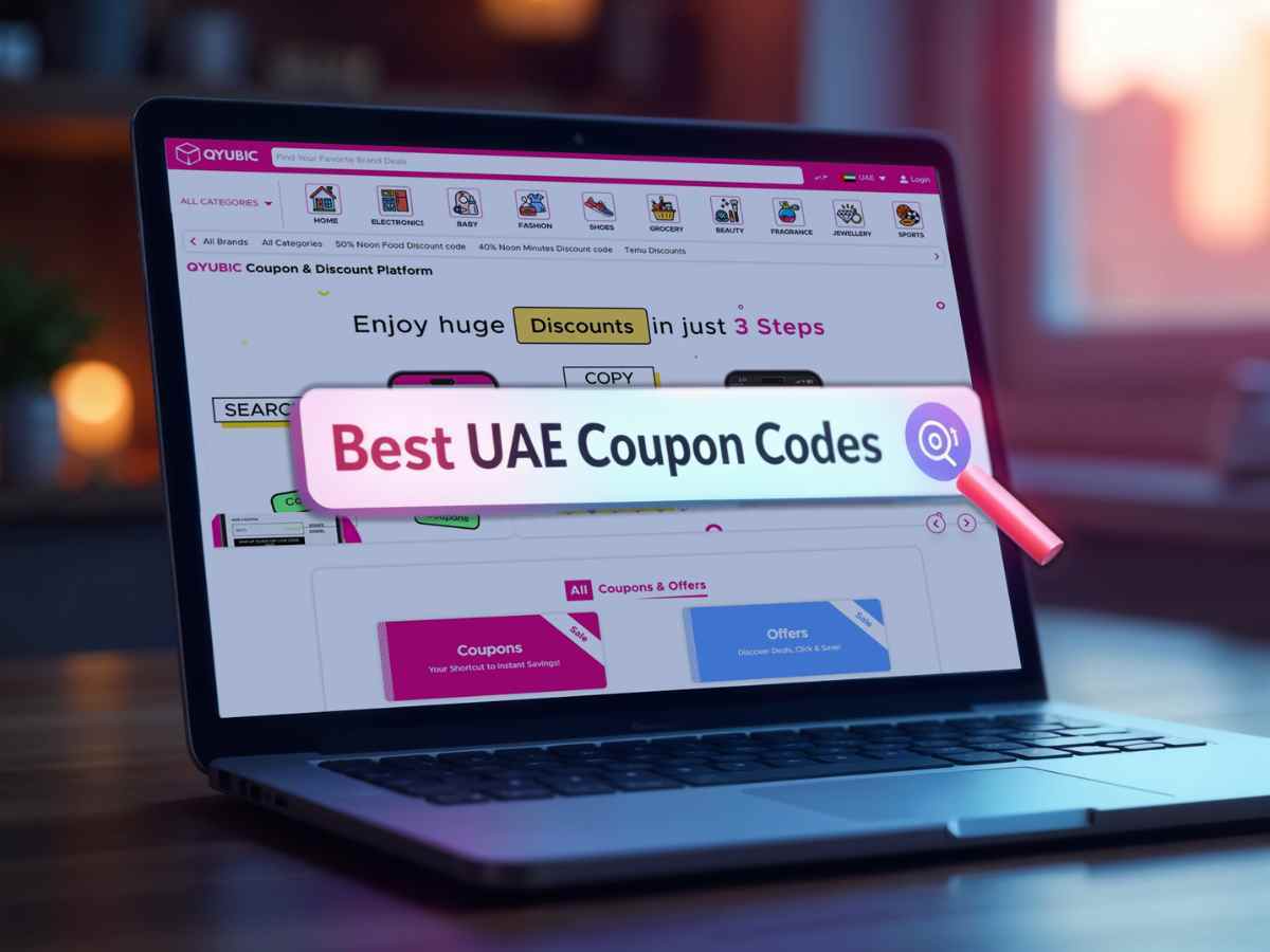 Search for the best UAE coupon codes – digital search bar with discount offers and live Qyubic coupons showing where to find best coupon codes 