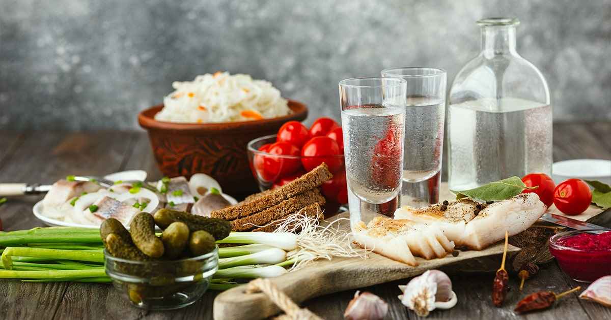 Traditional Russian products such as rye bread, caviar, and pickles displayed in Gastronom, one of Dubai’s top Russian grocery stores.