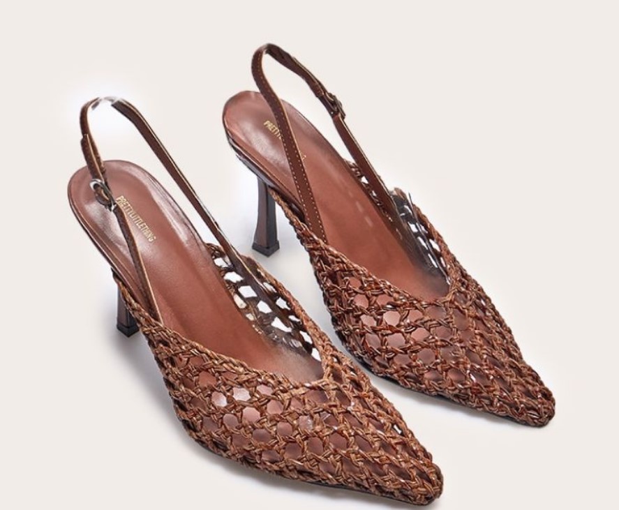Brown PU slingback court shoes featuring a woven upper, pointed toe, and slim high heel.