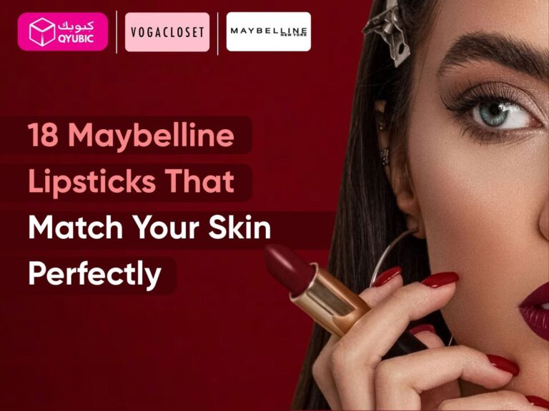 A promotional image featuring a woman with bold makeup holding a deep red Maybelline lipstick close to her lips. The text on the image reads, “18 Maybelline Lipsticks That Match Your Skin Perfectly.” Logos of Qubic, Vogacloset, and Maybelline are displayed at the top. The background is a rich burgundy red.