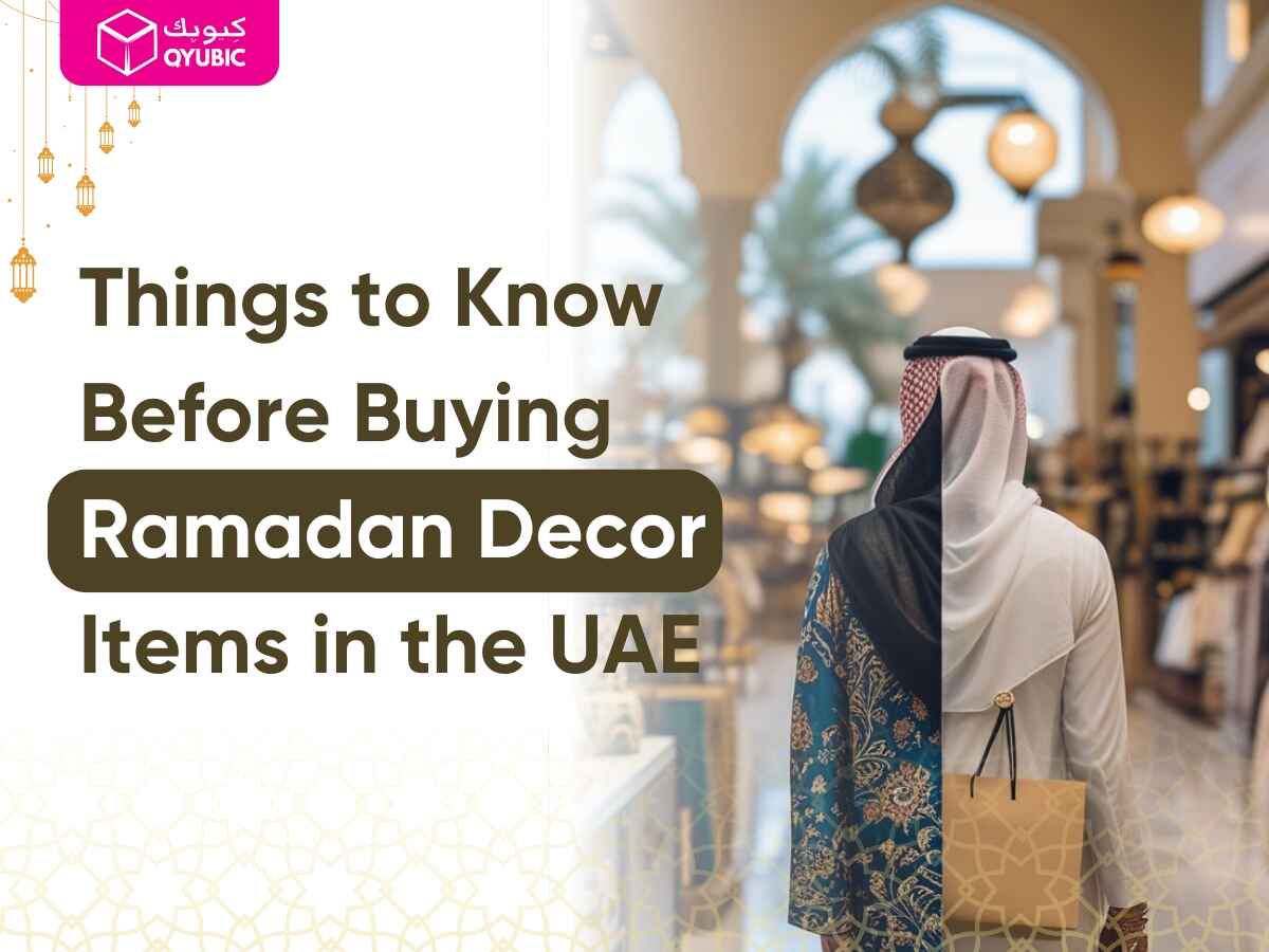 Engaging scene of a shopper in a beautifully decorated UAE market showcasing smart buying of Ramadan home decor. The image features Arabic calligraphy, traditional motifs, and price tags that emphasize researching, comparing styles, and understanding cultural significance in selecting authentic Ramadan decorations