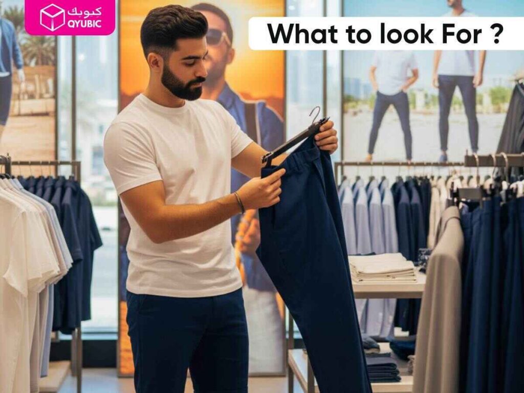 A well-groomed man with a beard, wearing a white t-shirt and dark trousers, stands in a clothing store, carefully examining a pair of navy blue Formal Trousers For Men hanging on a hanger. The background shows racks of various clothes and blurred mannequins, indicating a retail environment where one might purchase formal pants for men, suit pants, or a pant suit for man. The text overlay asks "What to look For?".