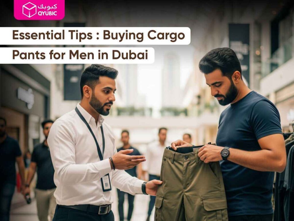 Two men in a store, one presenting green cargo pants to the other, with text overlay 'Essential Tips: Buying Cargo Pants for Men in Dubai'. Ideal for searchers looking for best cargo pants for men in UAE, travel cargo pants, or how to style cargo pants for Dubai heat.