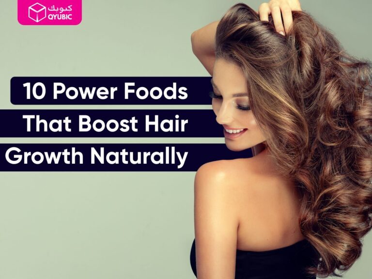 A smiling woman with long, voluminous, shiny hair gently touching her head. The image features the text “10 Power Foods That Boost Hair Growth Naturally” with the Qyubic logo in the top corner.