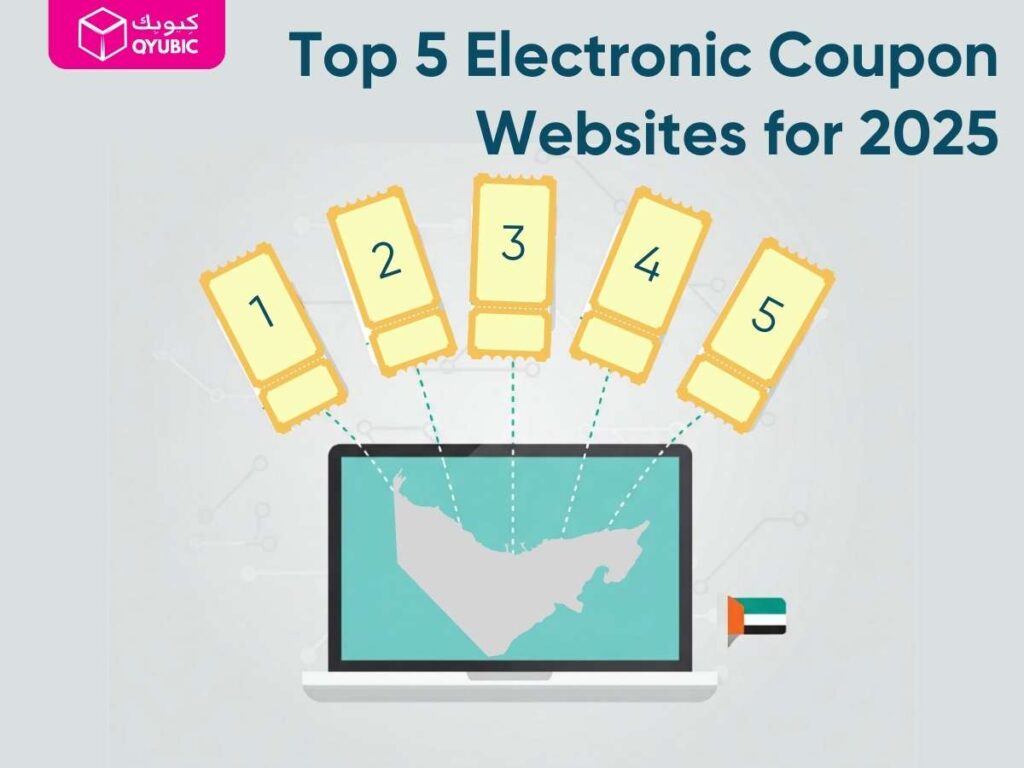 Five numbered coupon voucher cards fanned above a laptop displaying a UAE map, symbolizing the top 5 electronic coupon websites for 2025.