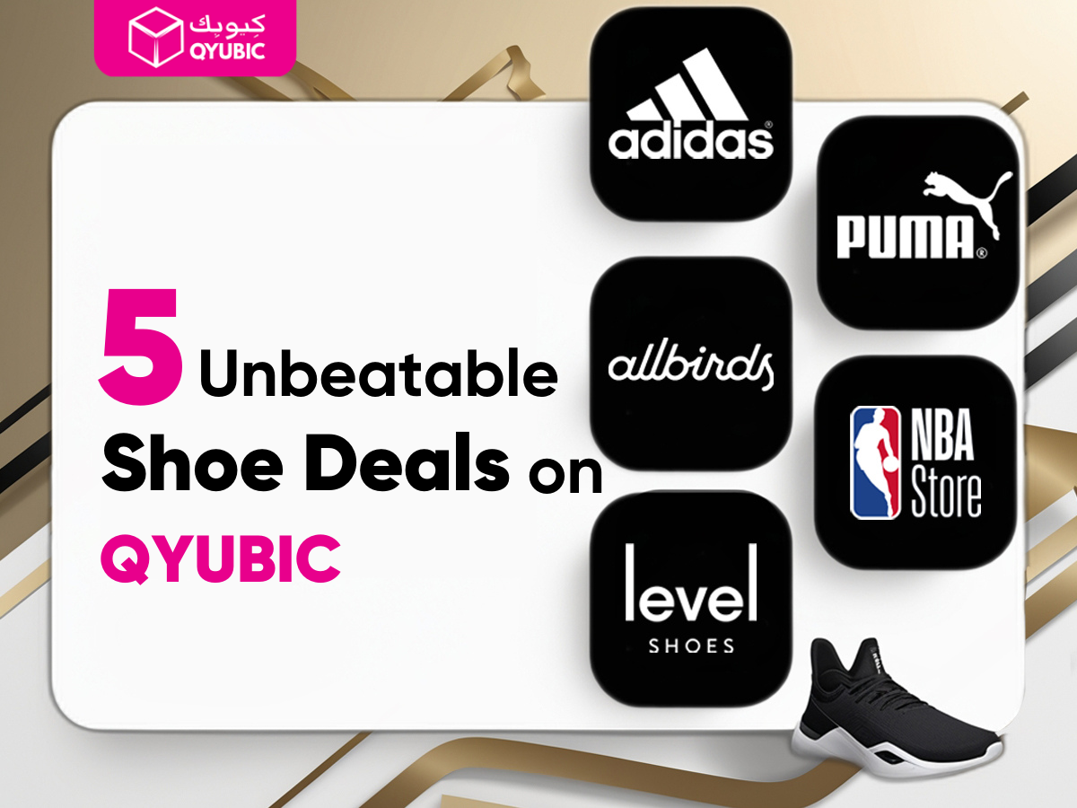 5 unbeatable shoe deals on Qyubic featuring Adidas, Puma, Allbirds, NBA Store, and Level Shoes with discount offers.