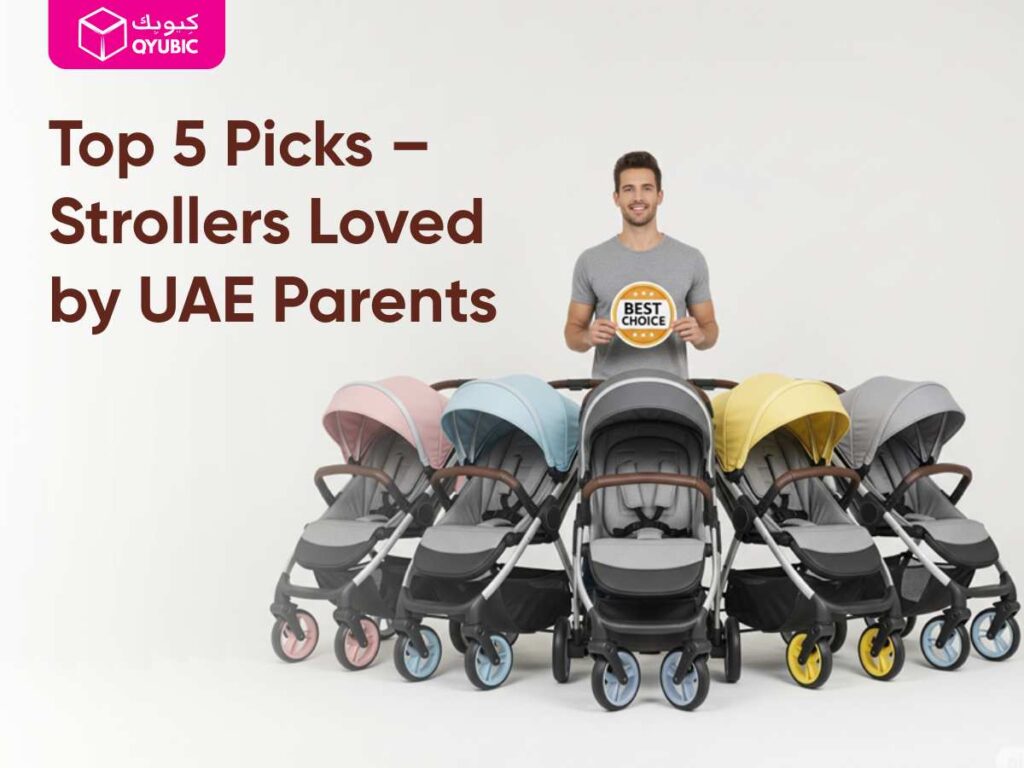 Row of five pastel-colored strollers in a semicircle with a smiling man holding a ‘Best Choice’ badge, branding QYUBIC, for Top 5 baby strollers UAE