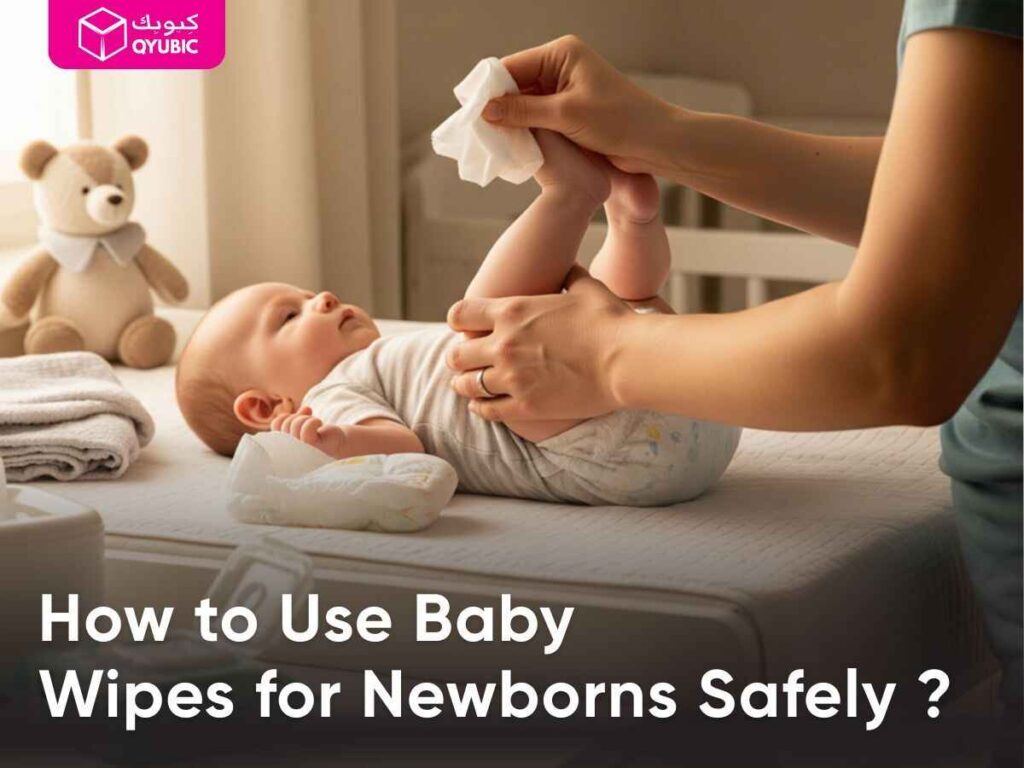 Parent using baby wipes on newborn on changing table – safe wiping technique