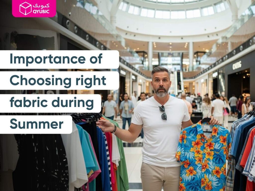 Image showing a man in a mall, holding up a colorful tropical shirt, surrounded by racks of Men's Summer outfits. He appears to be contemplating his choice. Overlay text highlights the 'Importance of Choosing the right fabric during Summer'.