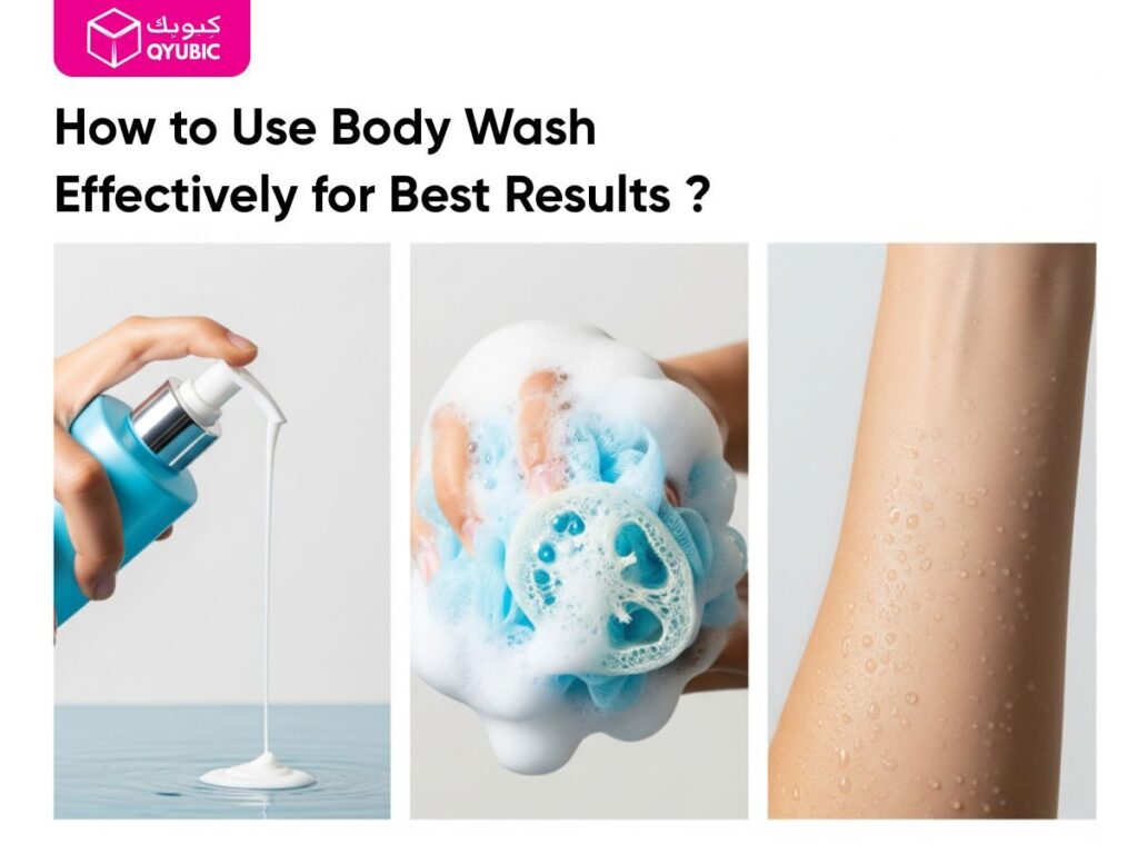 Three panels illustrating 'How to Use Body Wash Effectively for Best Results?': A hand pumping body wash onto a surface, a hand holding a foamy blue loofah, and a close-up of a moisturized arm with water droplets. This image demonstrates how to use body wash with hands or a loofah to achieve a clean and hydrated feel, emphasizing proper application for best results.