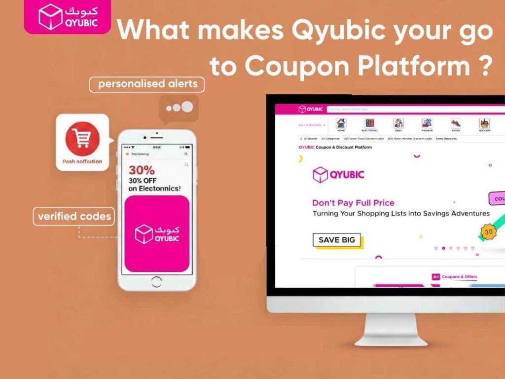 Qyubic coupon platform on desktop and mobile, showing personalized alerts and verified codes for top UAE electronic coupon websites.