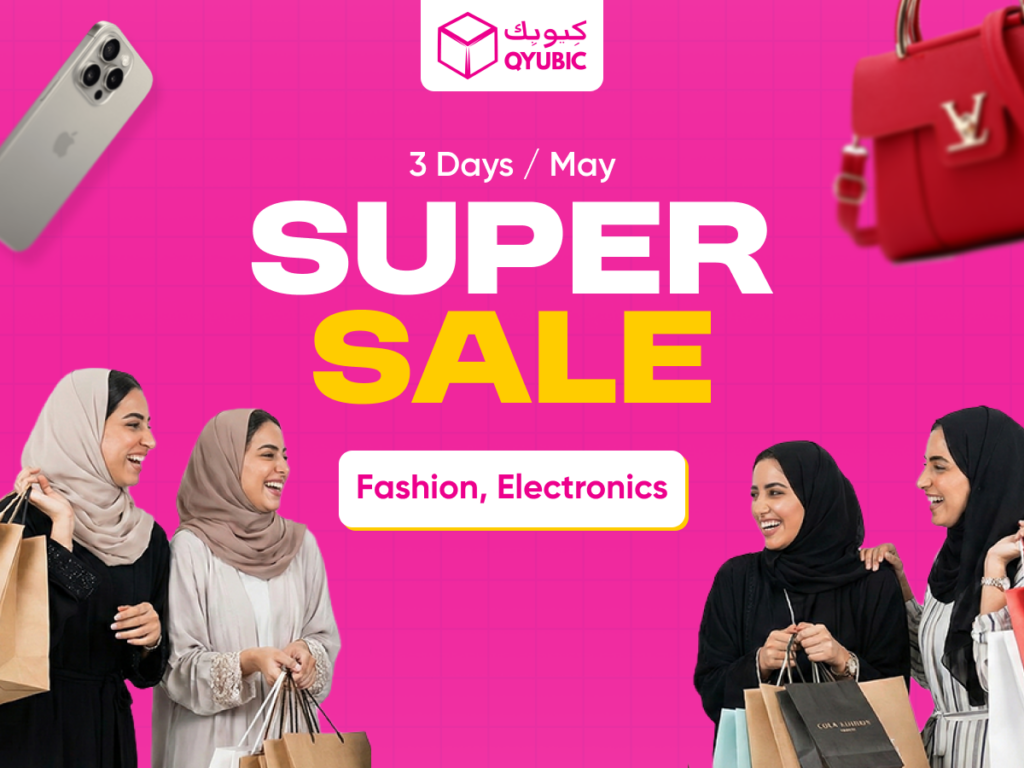 QYUBIC Super Sale, May - Discount up to 90% on Fashion and Electronics. Models holding shopping bags and showing off luxury brands against a bright pink background.