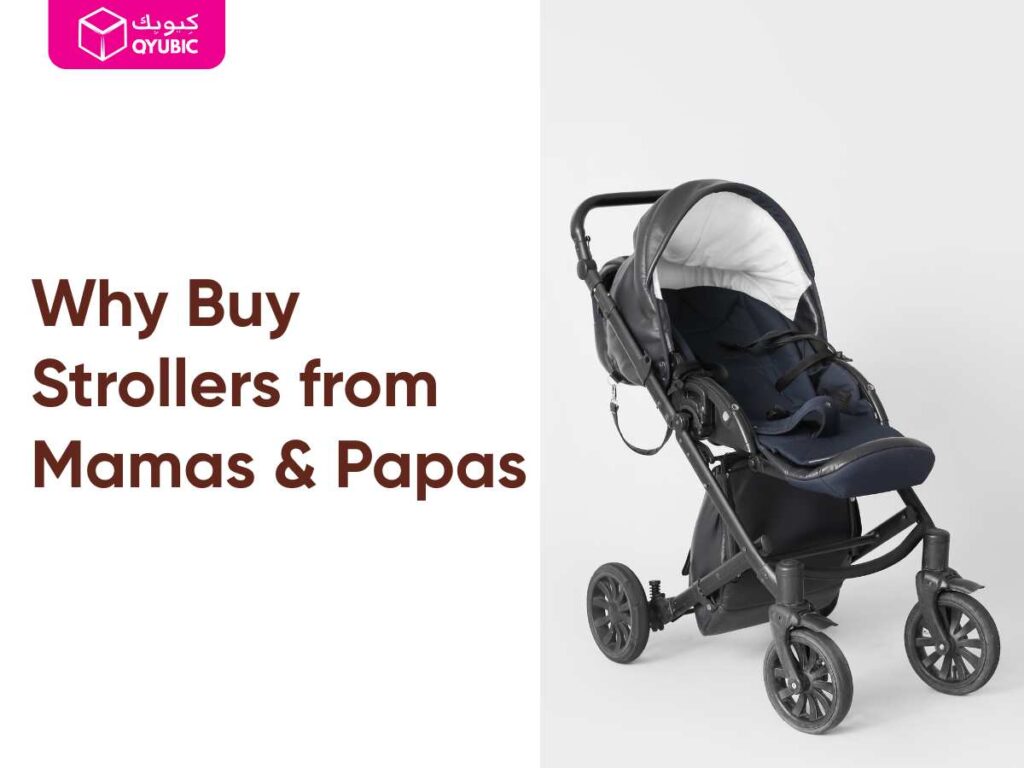 Single black Mamas & Papas pushchair on white background with text ‘Why Buy Strollers from Mamas & Papas’ and QYUBIC logo