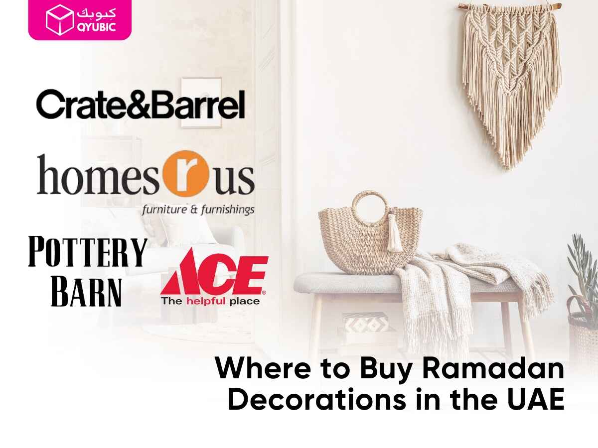 Montage image highlighting various shopping options for Ramadan home decorations in the UAE. Includes storefronts, logos of top retailers like Homes R Us and Danube Home, and digital shopping elements that guide users on where to buy Ramadan decorations and score exclusive decor deals