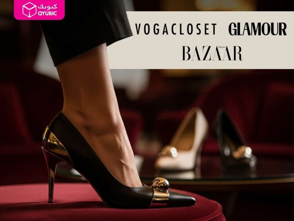 Close‑up of a black pointed high heel with gold accents resting on red velvet, overlaid with “VogaCloset Glamour Bazaar” banner and Qyubic logo, showcasing a luxe heel trends graphic.