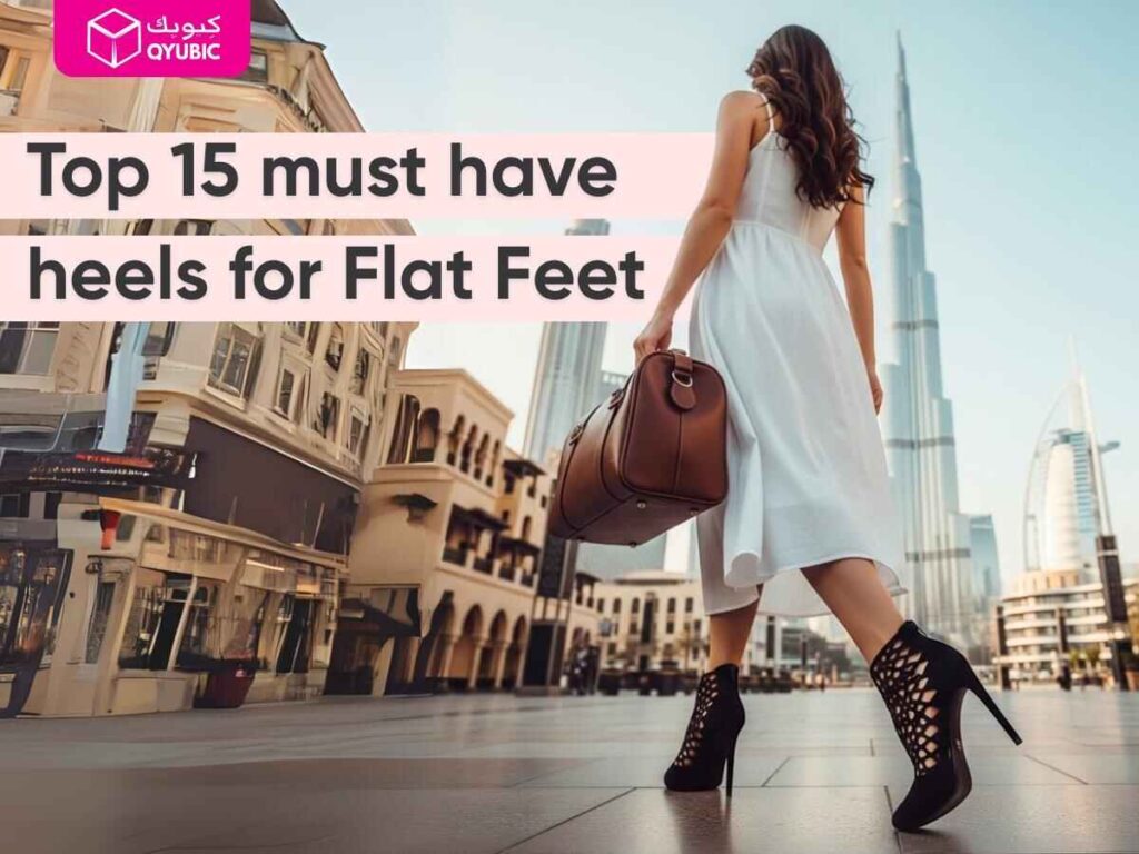 An image of a woman in a casual modern attire comfortably walking across the road with an overaly text "Top 15 must have heels for flat feet "