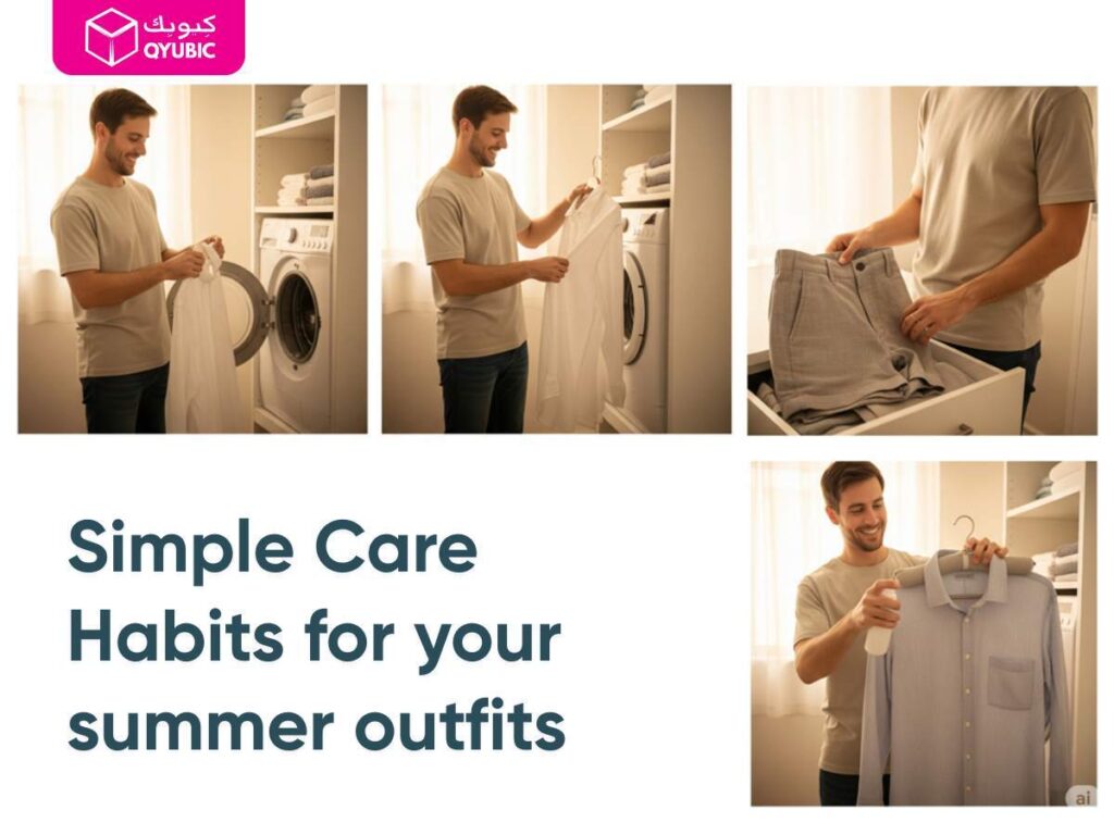 A four-panel image demonstrating simple care habits for summer outfits. Top left: A man in a light t-shirt loads white laundry into a front-loading washing machine. Top center: The same man removes a white shirt from the washing machine. Top right: A man folds light-colored trousers and places them into a dresser drawer. Bottom right: A man smiles as he sprays a light blue button-down shirt with a fabric refresher or wrinkle remover. Overlay text at the bottom left reads: 'Simple Care Habits for your summer outfits'. The Qyubic logo is in the top left corner.
