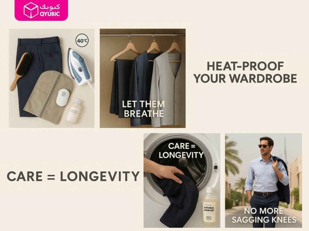 A five-panel infographic on caring for Formal Trousers for Men to "Heat-Proof Your Wardrobe" and ensure longevity. Panels show proper washing (40°C), breathable storage for formal pants for men, the importance of care for suit pants, and a man in a pant suit for man with "NO MORE SAGGING KNEES" as a result of proper garment care.
