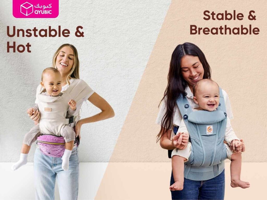 Split-scene of two mothers wearing baby carriers: left labelled ‘Unstable & Hot,’ right labelled ‘Stable & Breathable,’ with Qyubic logo