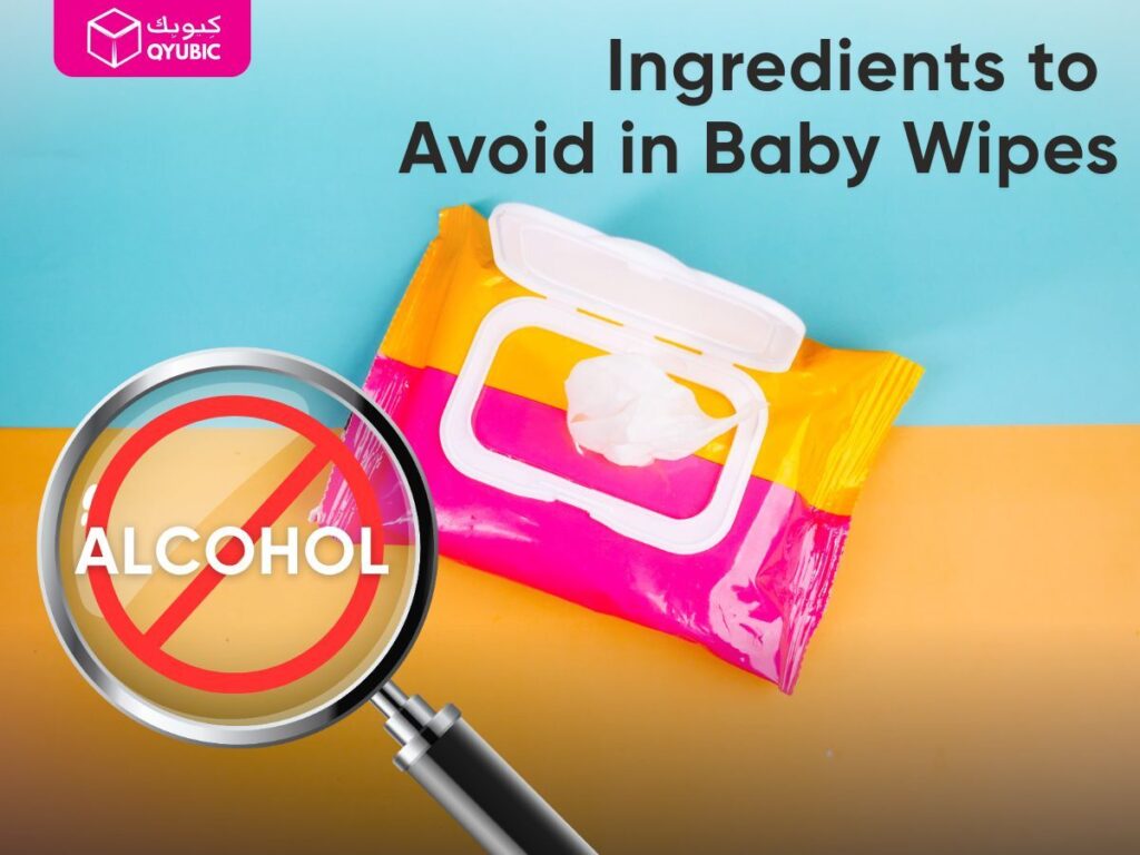 Magnifying glass over ‘Alcohol’ icon on baby wipes pack – ingredients to avoid