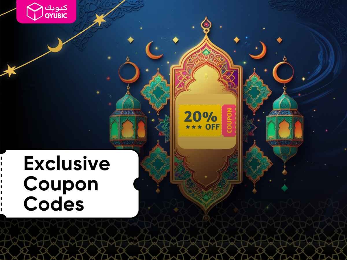 Festive graphic featuring a discount tag and coupon code with Ramadan motifs such as lanterns and crescent moons.