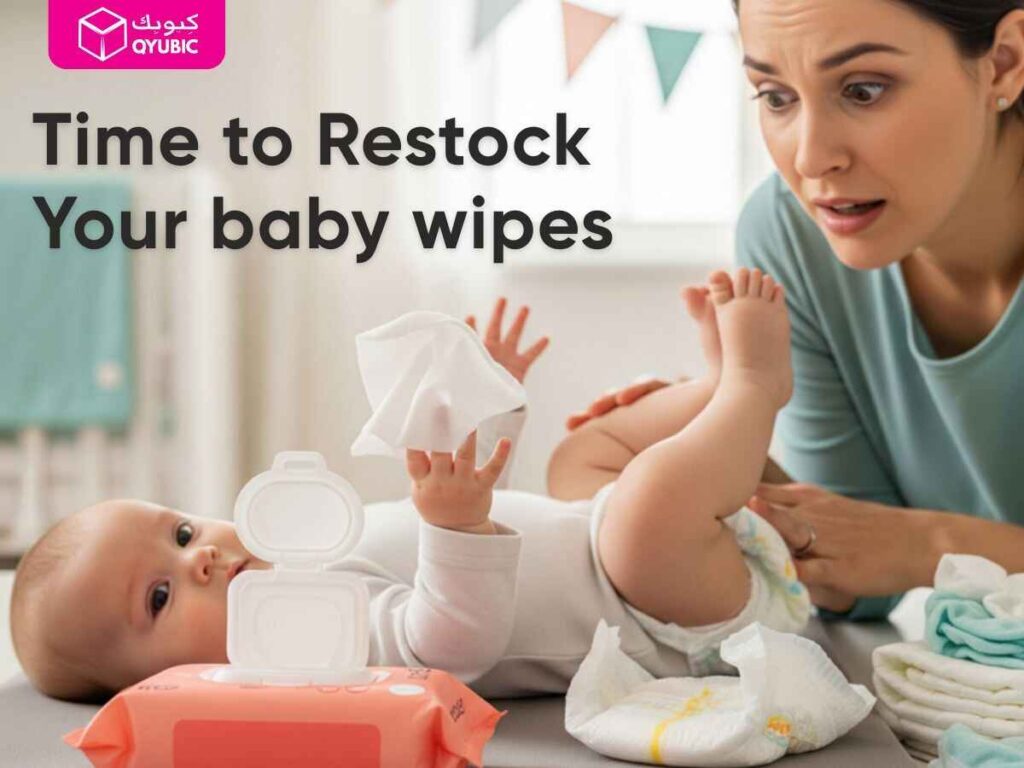Time to restock your baby wipes – mother changing baby with pack of wipes