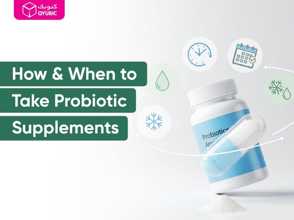 An illustration of a probiotic supplement bottle with a spilled capsule and powder, surrounded by icons representing time, calendar, and temperature, alongside the text 'How & When to Take Probiotic Supplements'. This image provides visual cues on the best time to eat probiotic supplements and how to take probiotic supplements effectively.