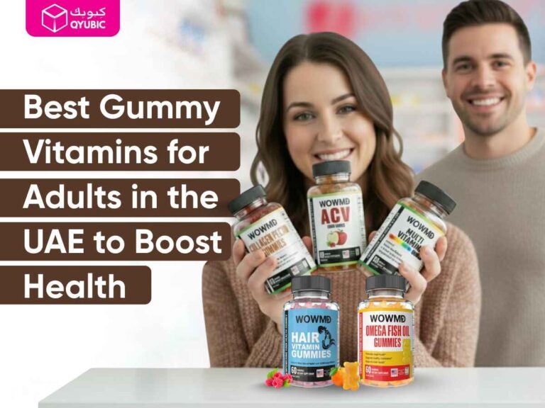 A smiling couple in a bright store aisle holding various bottles of WOWMD gummy vitamins for adults, with text overlay "Best Gummy Vitamins for Adults in the UAE to Boost Health.
