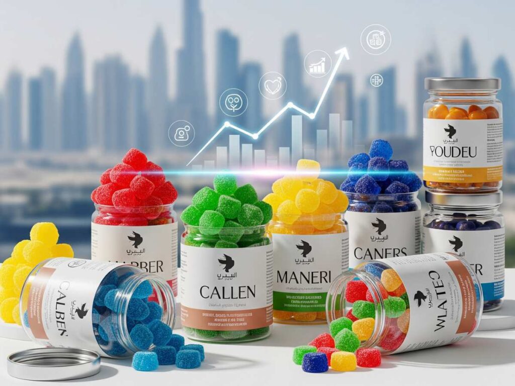A collection of various colourful gummy supplements in clear jars . A rising line graph with multiple icons like a heart, brain, and athletic figures overlays the image, signifying the benefits and growth in the gummy supplement market. The backdrop is a modern city skyline, likely Dubai, UAE.