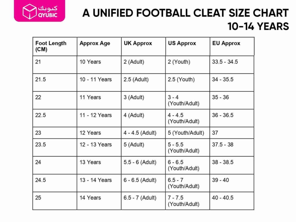 A unified size chart for kids' football cleats or boots for quick reference.