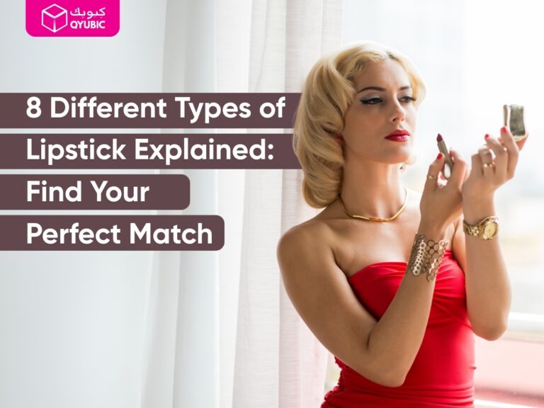 A woman in a red dress applies lipstick while looking in a mirror, with bold text overlay reading "8 Different Types of Lipstick Explained: Find Your Perfect Match" — ideal for readers exploring types of lipsticks for their personal style.