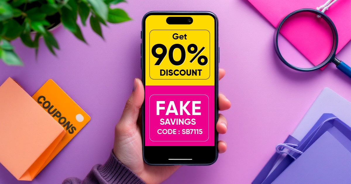 Phone showing a fake 90% discount coupon.