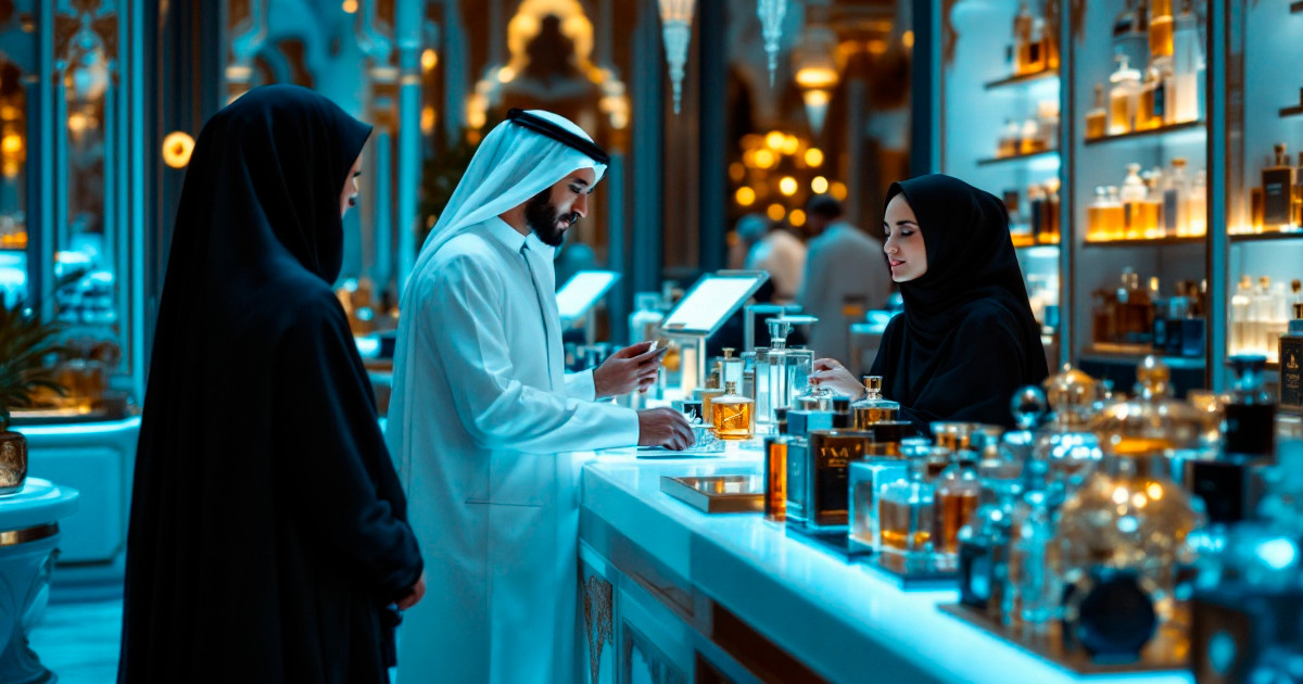 A luxurious Arabic perfume shop where a well-dressed man and woman explore premium fragrances in an elegant setting.