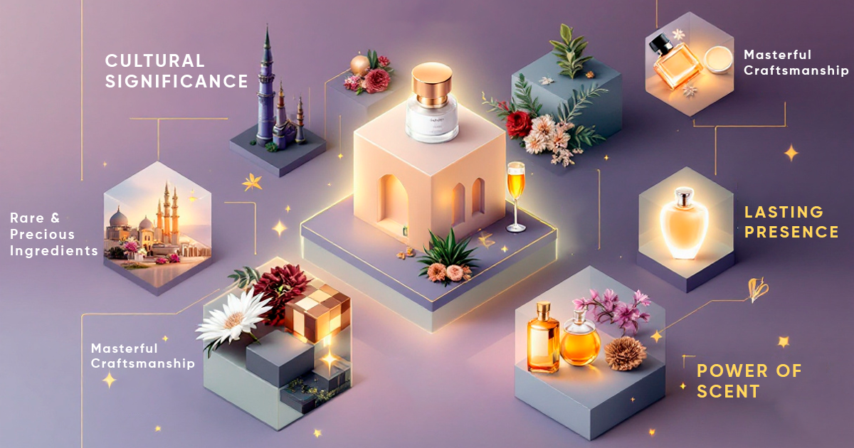 A visually appealing infographic showcasing the cultural significance, rare ingredients, and craftsmanship behind premium perfumes.