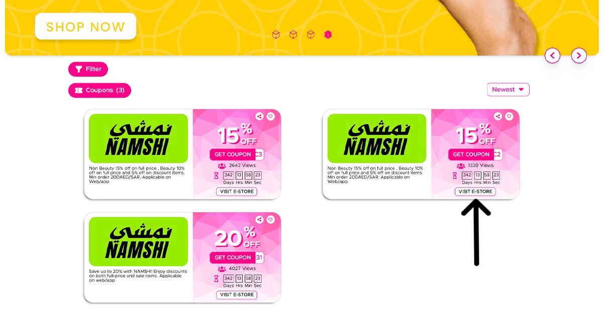 Image of Namshi Coupons and Bank Offers

The image shows three coupons for Namshi:

Coupon 1: 15% off on full price and 5% off on discount items. Minimum order 200AED/SAR. Applicable on web/app.
Coupon 2: 15% off on full price and 10% off on beauty items. Minimum order 200AED/SAR. Applicable on web/app.
Coupon 3: Up to 20% off on full-price and sale items. Applicable on web/app.