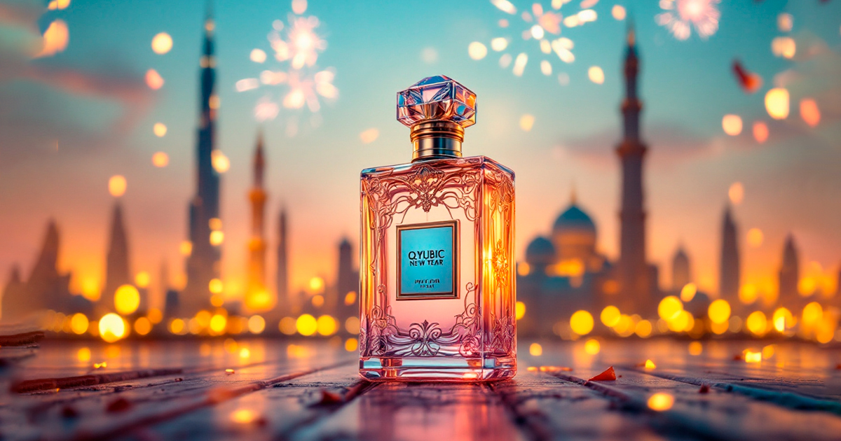 "A luxurious Qyubic perfume bottle set against a stunning Middle Eastern skyline with fireworks, symbolizing elegance and celebration for the New Year.