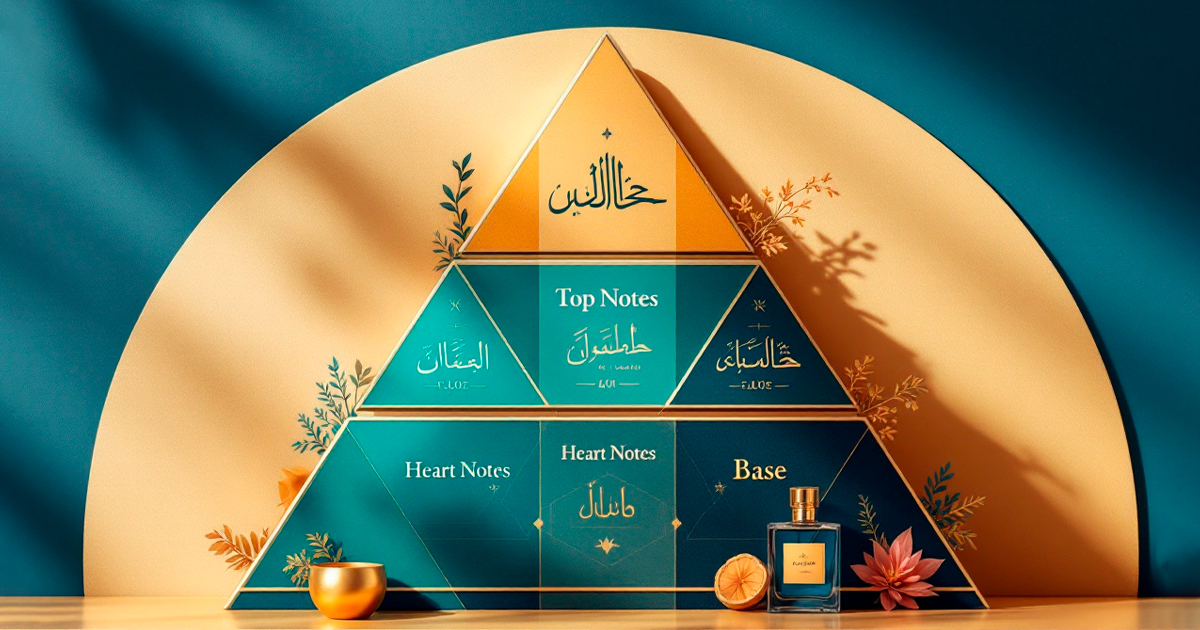 A perfume note pyramid illustrating top, heart, and base notes in Arabic and English, representing fragrance composition.